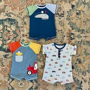 Set of 3 Mud Pie 6-9 month Rompers - Golf, Farm Tractor, Cars Print